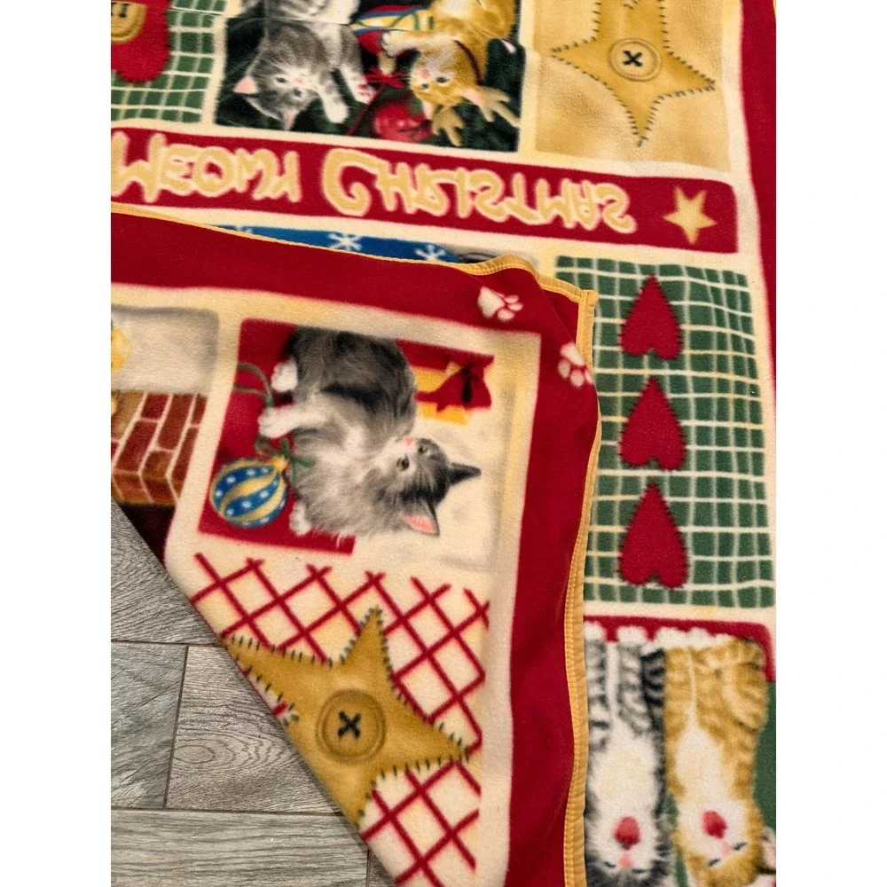 Meowy Christmas Cats Fleece Throw‎ Blanket Holiday Cat Kitten Kitty Cottage Soft